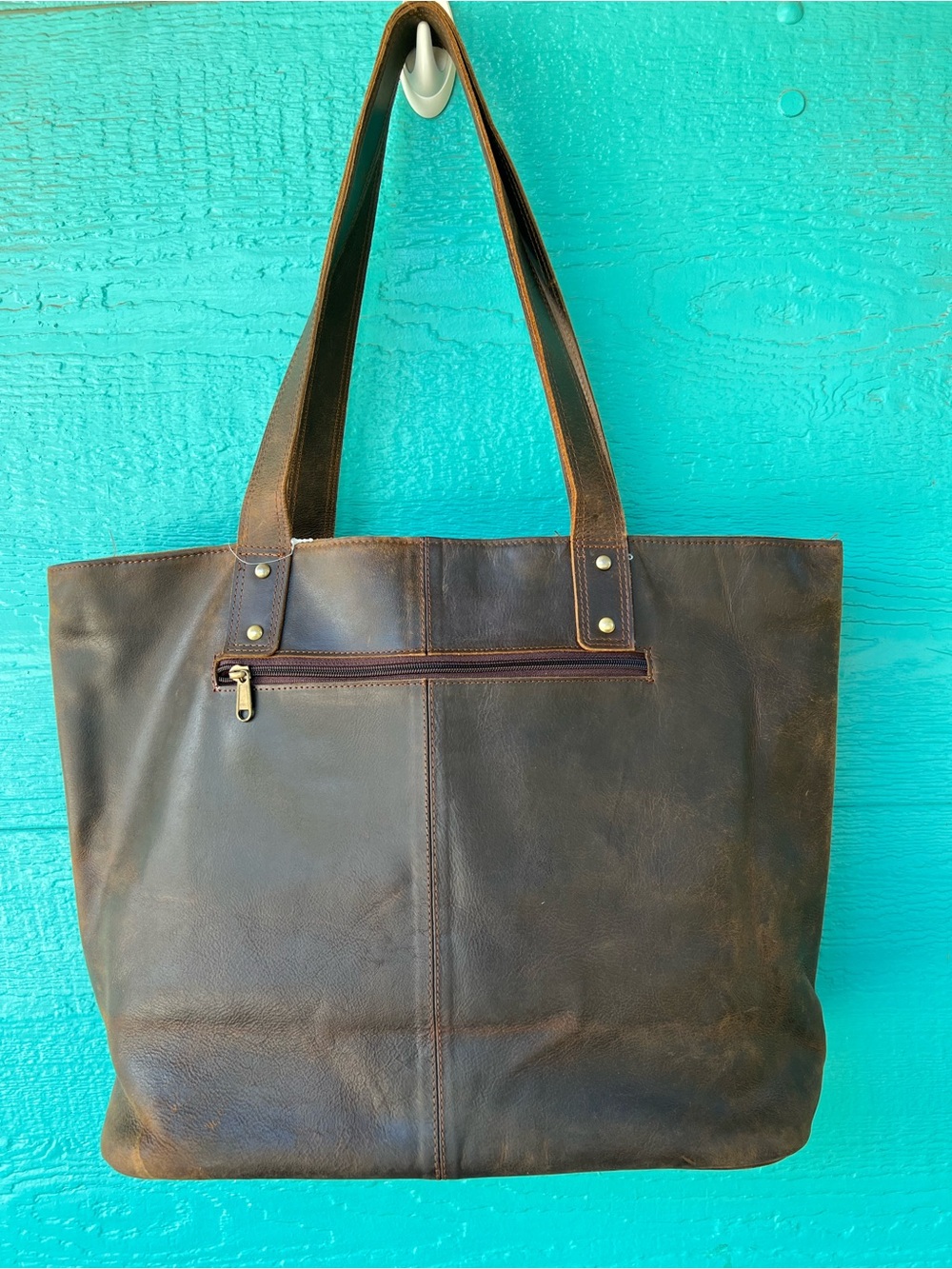MYRA DISTRESSED BROWN LEATHER TOTE BAG WITH COW HAIR PANEL LARGE - Picture 3 of 8